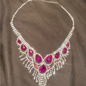Elegant Silver and Pink Crystal Necklace w/ Earrings